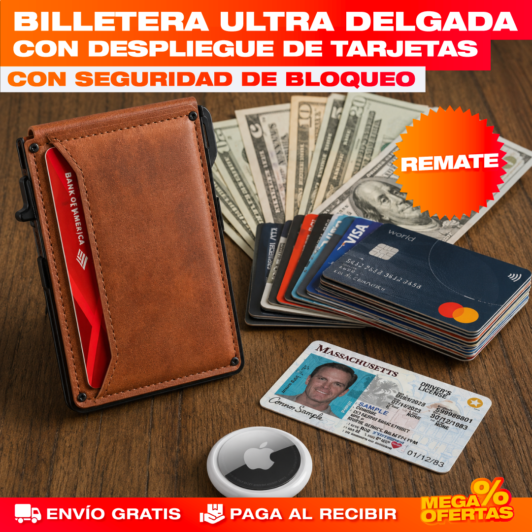 Billetera Slim con Despliegue de Tarjetas y Bloqueo RFID – Saca tus Tarjetas al Instante Sin Bulto