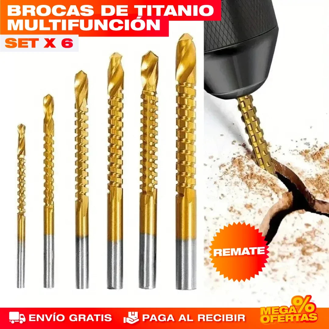 Set x6 Brocas de Titanio Multifunción – Perfora Metal, Madera y Concreto Sin Botarlas