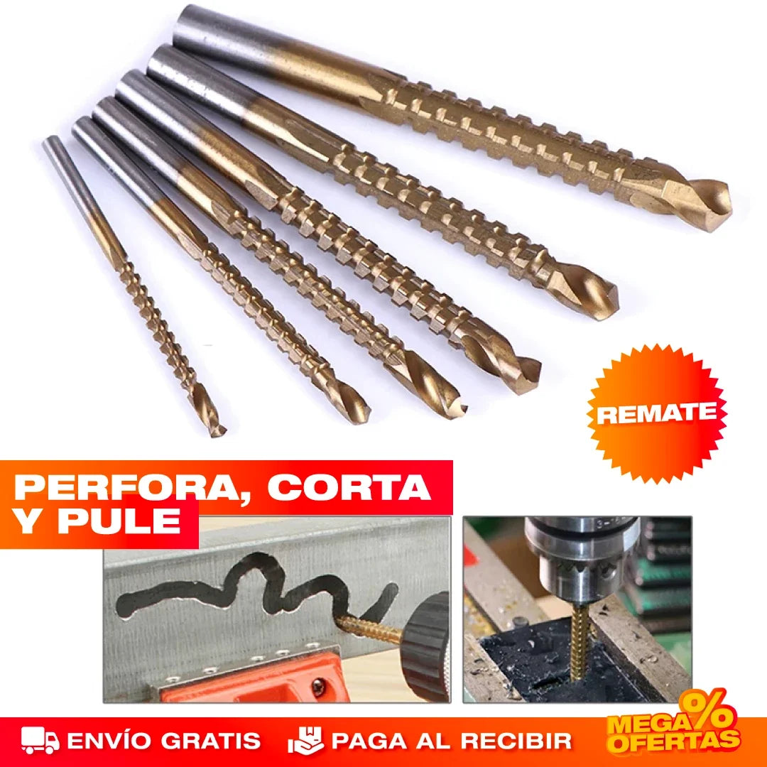 Set x6 Brocas de Titanio Multifunción – Perfora Metal, Madera y Concreto Sin Botarlas