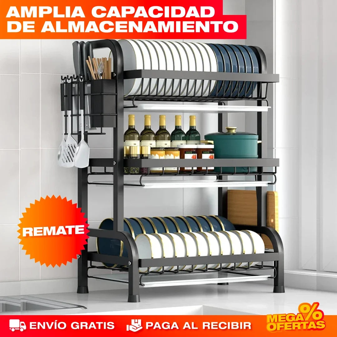 Escurridor de Platos de 3 Niveles – Mesón Seco y Platos Ordenados · Estante Grande