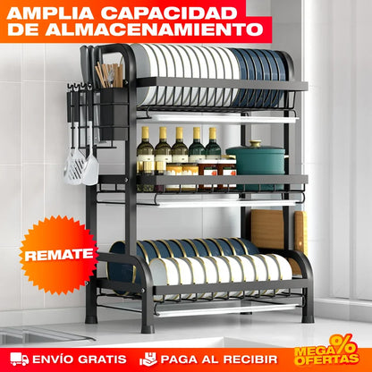 Escurridor de Platos de 3 Niveles – Mesón Seco y Platos Ordenados · Estante Grande