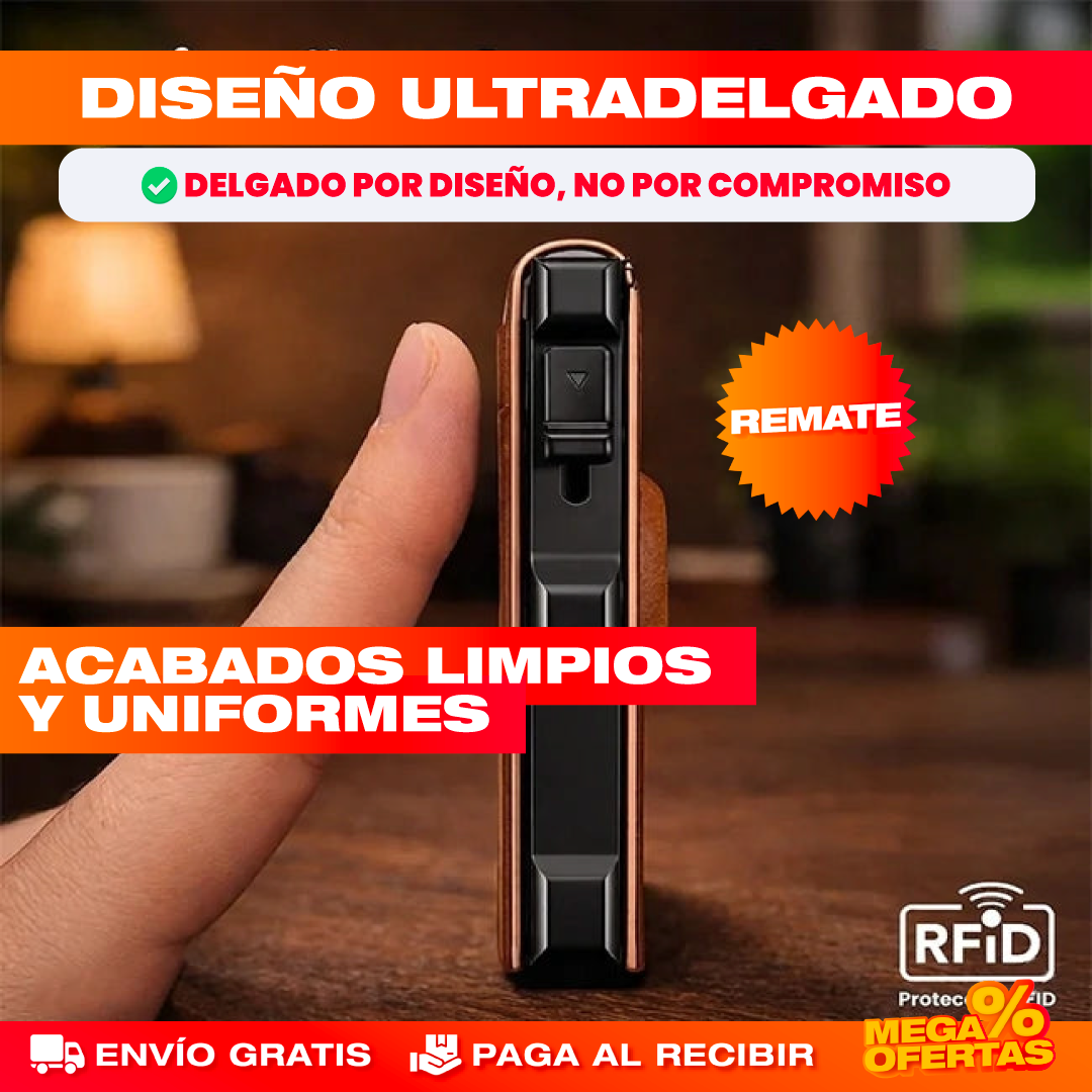 Billetera Slim con Despliegue de Tarjetas y Bloqueo RFID – Saca tus Tarjetas al Instante Sin Bulto