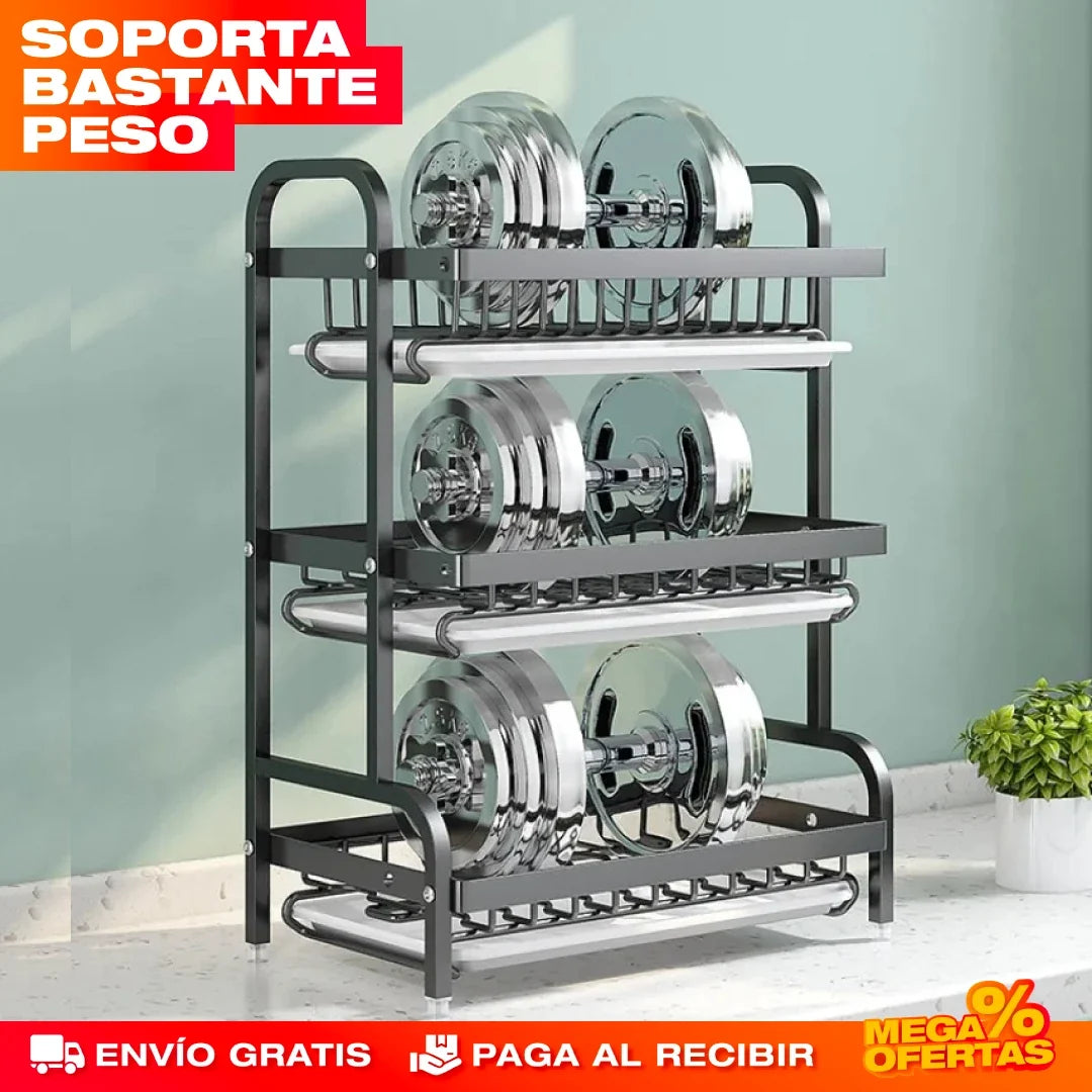 Escurridor de Platos de 3 Niveles – Mesón Seco y Platos Ordenados · Estante Grande
