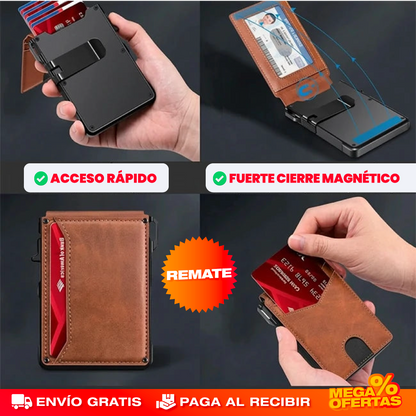 Billetera Slim con Despliegue de Tarjetas y Bloqueo RFID – Saca tus Tarjetas al Instante Sin Bulto