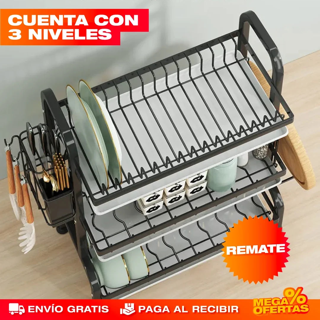 Escurridor de Platos de 3 Niveles – Mesón Seco y Platos Ordenados · Estante Grande