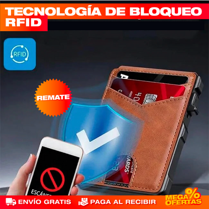 Billetera Slim con Despliegue de Tarjetas y Bloqueo RFID – Saca tus Tarjetas al Instante Sin Bulto