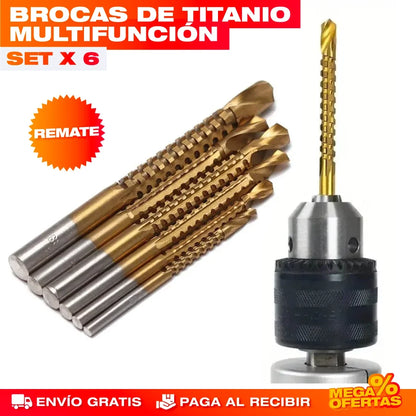 Set x6 Brocas de Titanio Multifunción – Perfora Metal, Madera y Concreto Sin Botarlas