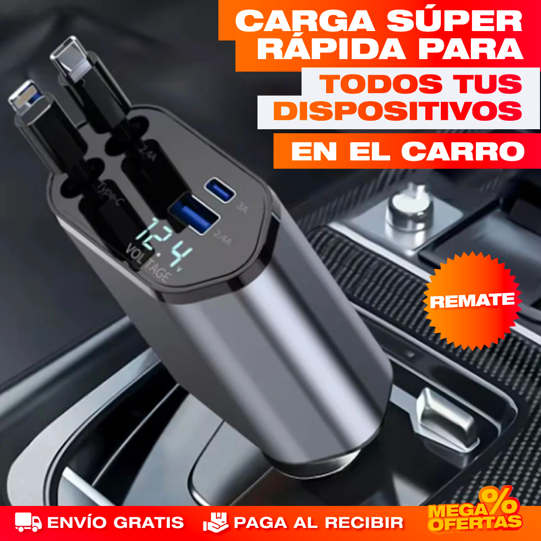 Cargador para Carro Retráctil 4 en 1 – Carga 4 Equipos Sin Cables Enredados