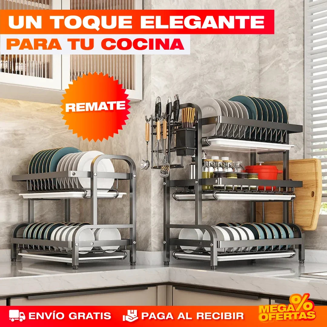 Escurridor de Platos de 3 Niveles – Mesón Seco y Platos Ordenados · Estante Grande