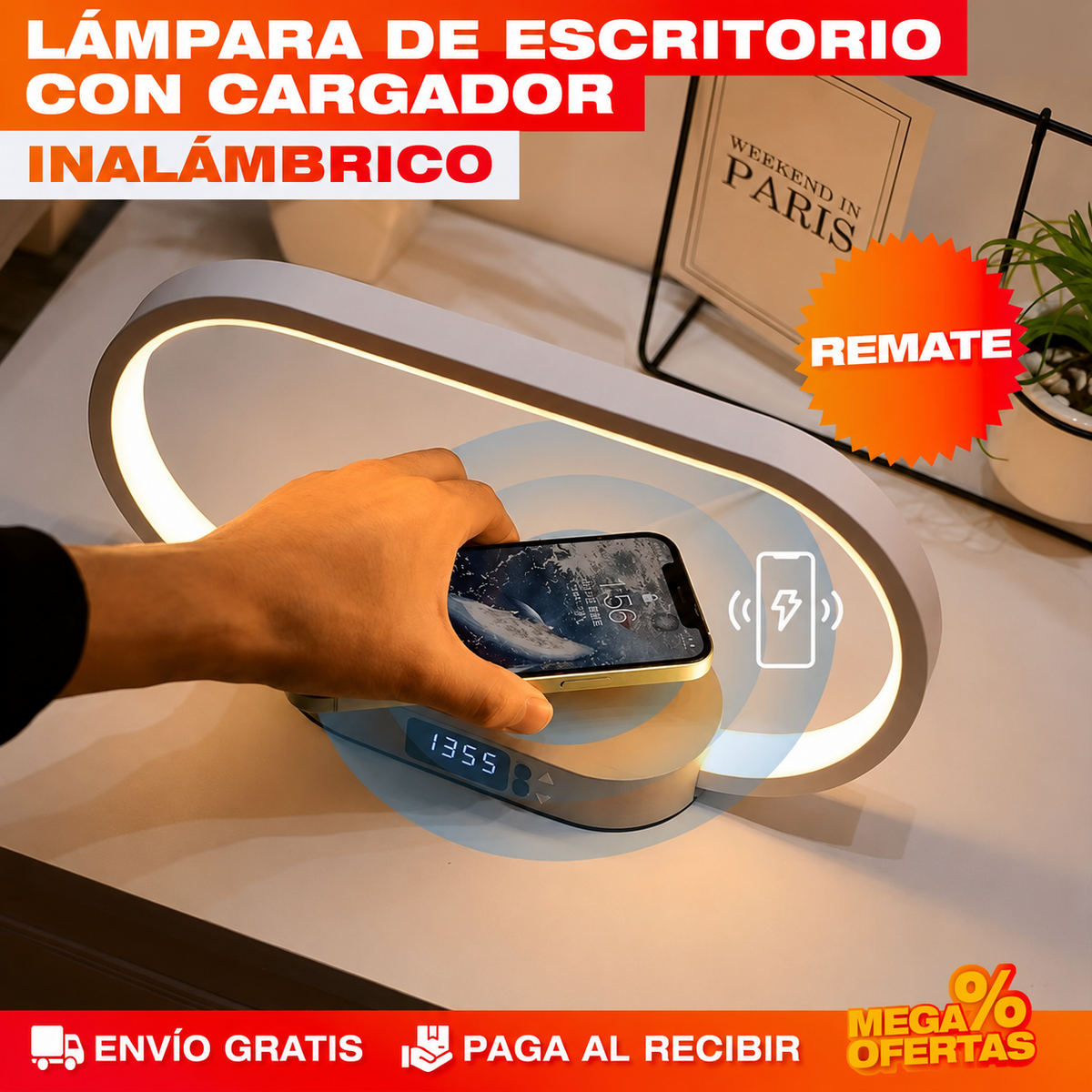 LÁMPARA LED DE MESA CON CARGA 10W – Alumbra y carga el celular con un solo cable