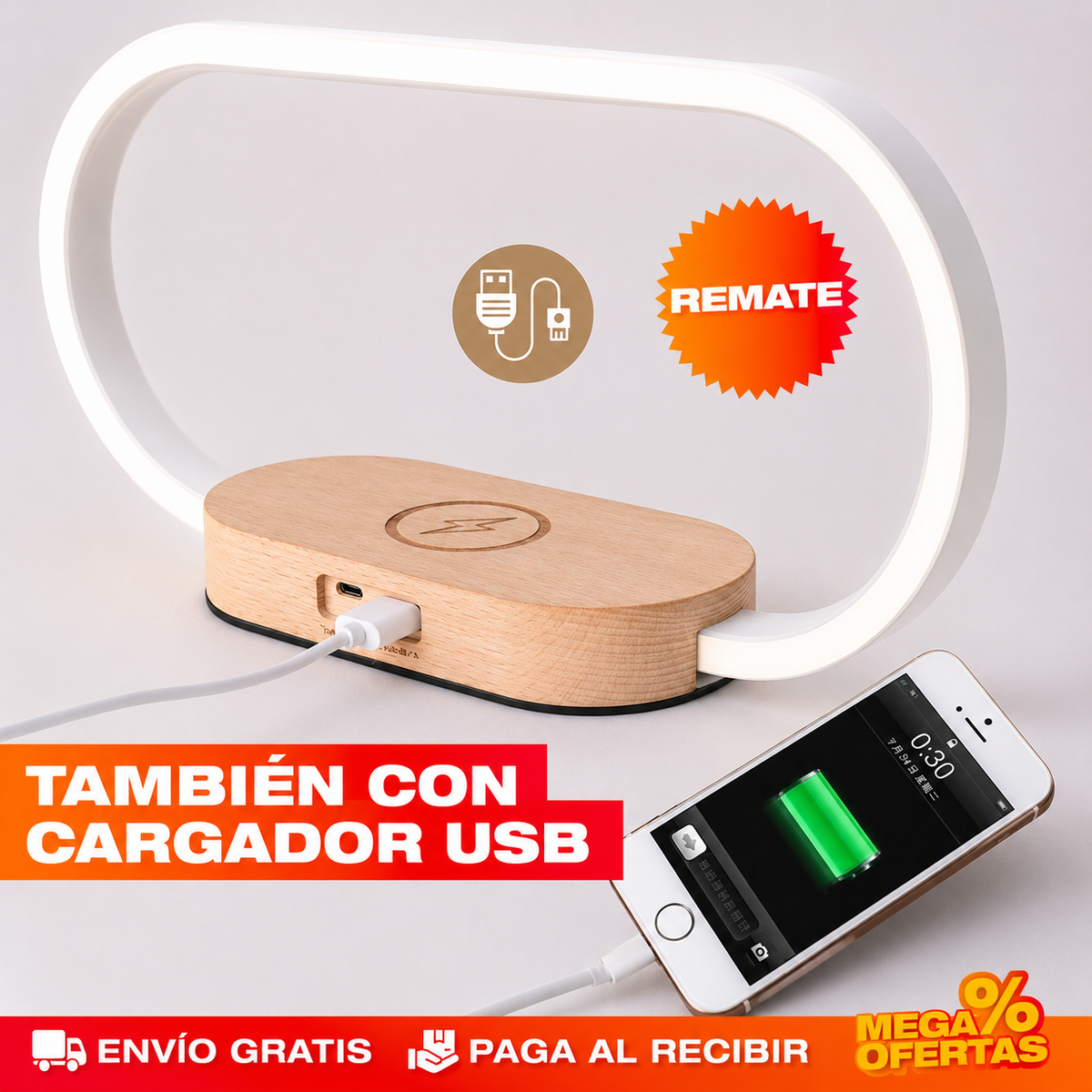 LÁMPARA LED DE MESA CON CARGA 10W – Alumbra y carga el celular con un solo cable