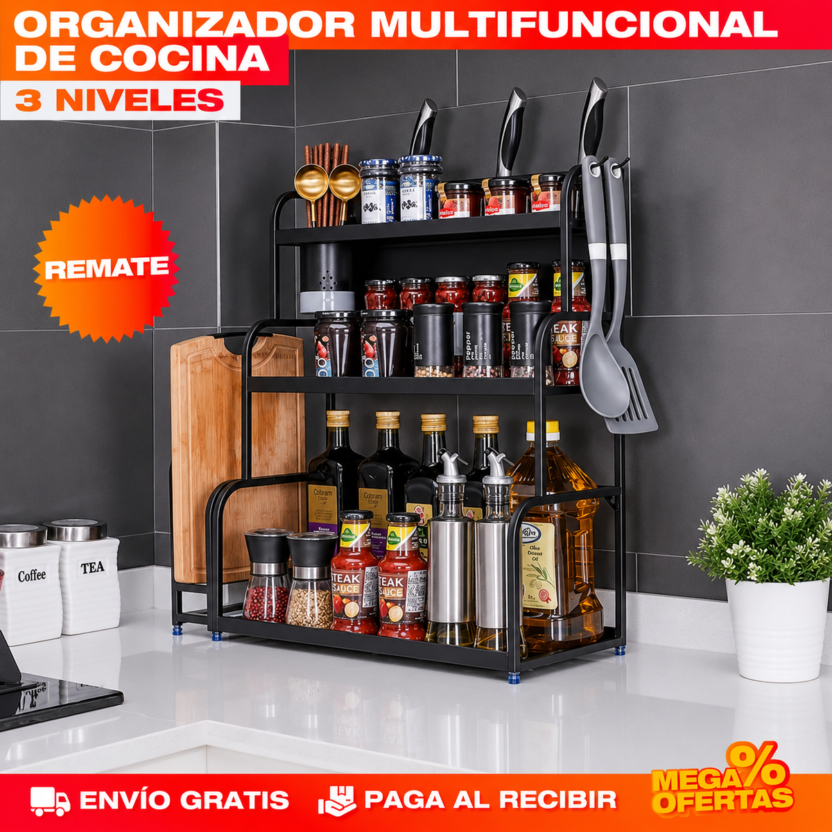 ORGANIZADOR MULTIFUNCIONAL DE COCINA 3 NIVELES – Recupera el mesón para cocinar