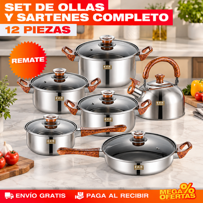 Set 12 Piezas de Ollas y Sartenes de Acero Inoxidable con Diseño de Madera – Set de Utensilios de Cocina de REGALO 🎁