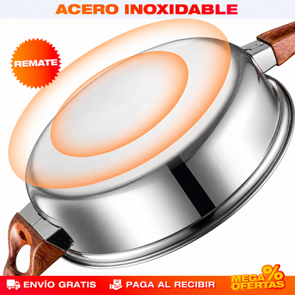 Set 12 Piezas de Ollas y Sartenes de Acero Inoxidable con Diseño de Madera – Set de Utensilios de Cocina de REGALO 🎁