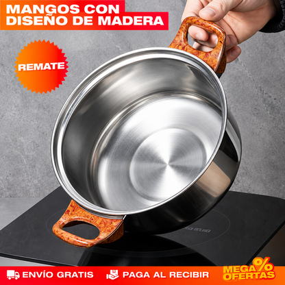 Set 12 Piezas de Ollas y Sartenes de Acero Inoxidable con Diseño de Madera – Set de Utensilios de Cocina de REGALO 🎁