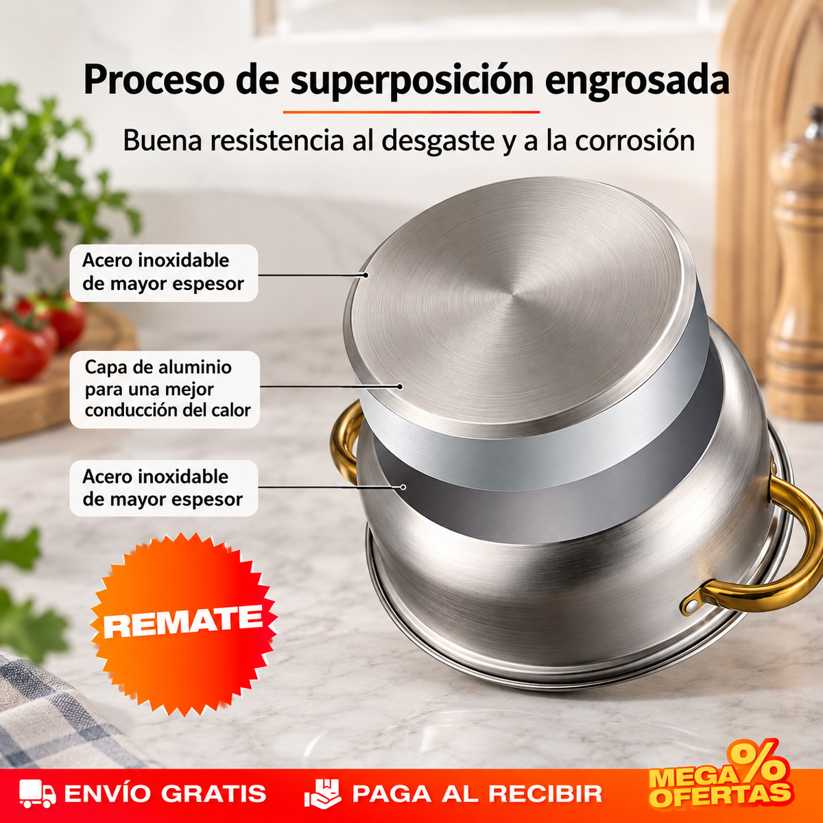 Juego 12 Piezas de Ollas y Sartenes de Acero Inoxidable con Detalles Dorados – Set de Utensilios de Cocina de REGALO 🎁