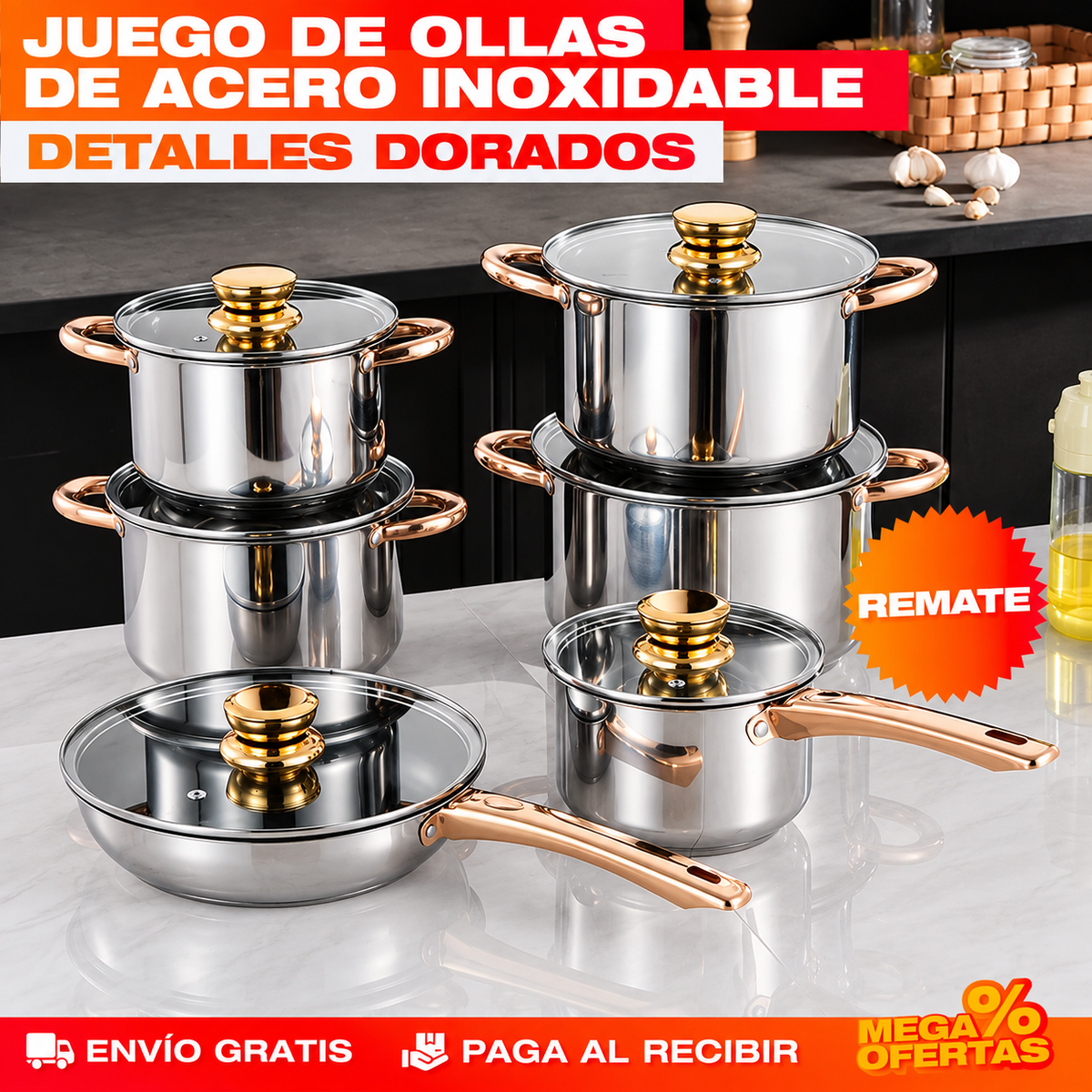 Juego 12 Piezas de Ollas y Sartenes de Acero Inoxidable con Detalles Dorados – Set de Utensilios de Cocina de REGALO 🎁