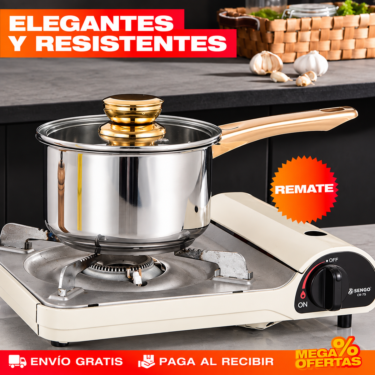 Juego 12 Piezas de Ollas y Sartenes de Acero Inoxidable con Detalles Dorados – Set de Utensilios de Cocina de REGALO 🎁