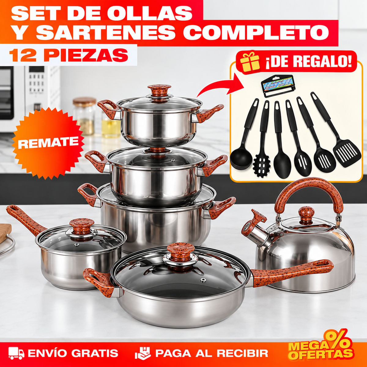 Set 12 Piezas de Ollas y Sartenes de Acero Inoxidable con Diseño de Madera – Set de Utensilios de Cocina de REGALO 🎁