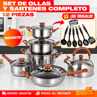 Set 12 Piezas de Ollas y Sartenes de Acero Inoxidable con Diseño de Madera – Set de Utensilios de Cocina de REGALO 🎁