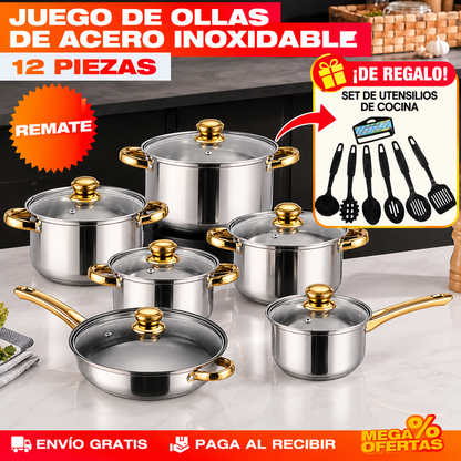 Juego 12 Piezas de Ollas y Sartenes de Acero Inoxidable con Detalles Dorados – Set de Utensilios de Cocina de REGALO 🎁