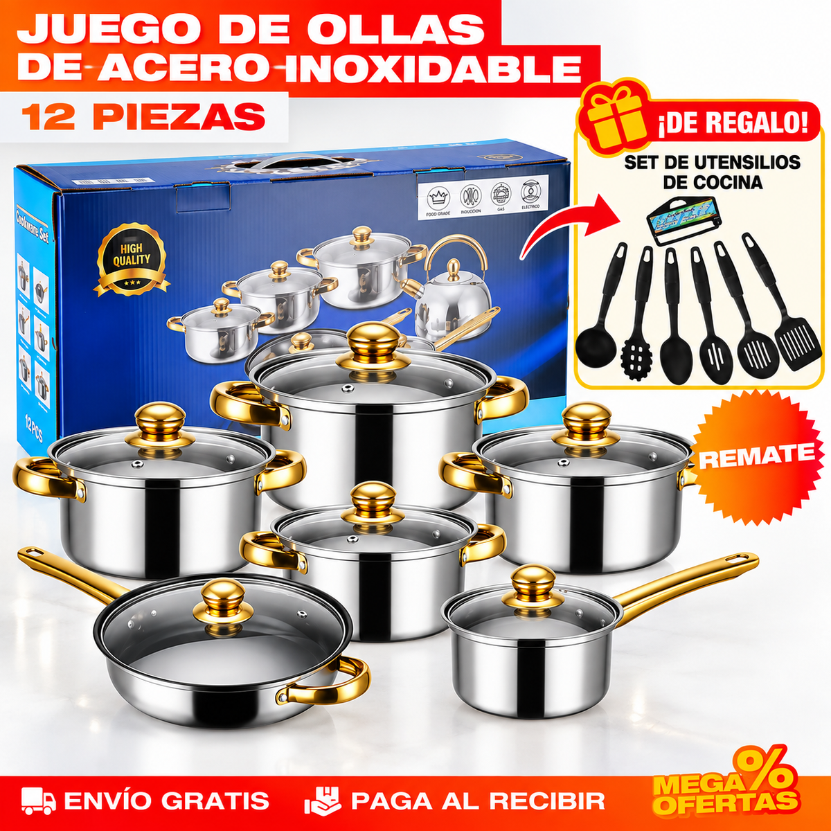 Juego 12 Piezas de Ollas y Sartenes de Acero Inoxidable con Detalles Dorados – Set de Utensilios de Cocina de REGALO 🎁