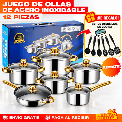 Juego 12 Piezas de Ollas y Sartenes de Acero Inoxidable con Detalles Dorados – Set de Utensilios de Cocina de REGALO 🎁