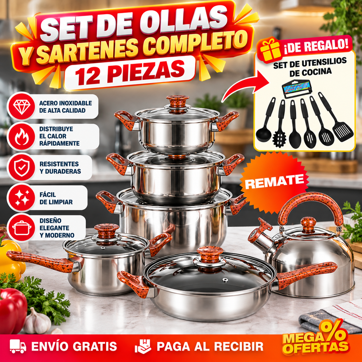 Set 12 Piezas de Ollas y Sartenes de Acero Inoxidable con Diseño de Madera – Set de Utensilios de Cocina de REGALO 🎁