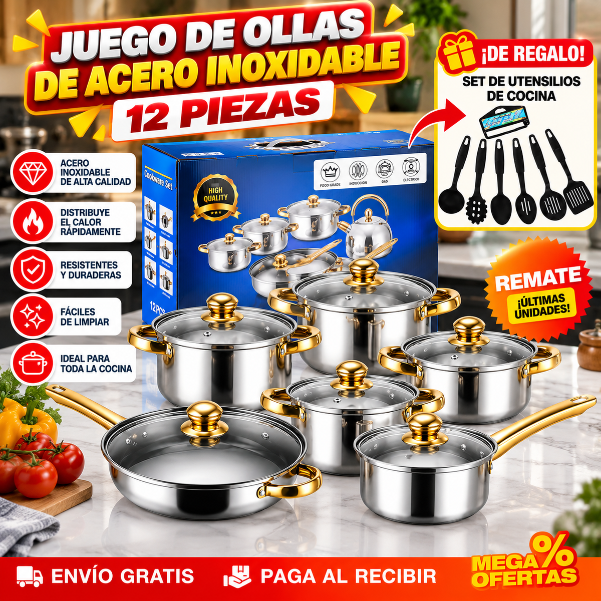 Juego 12 Piezas de Ollas y Sartenes de Acero Inoxidable con Detalles Dorados – Set de Utensilios de Cocina de REGALO 🎁