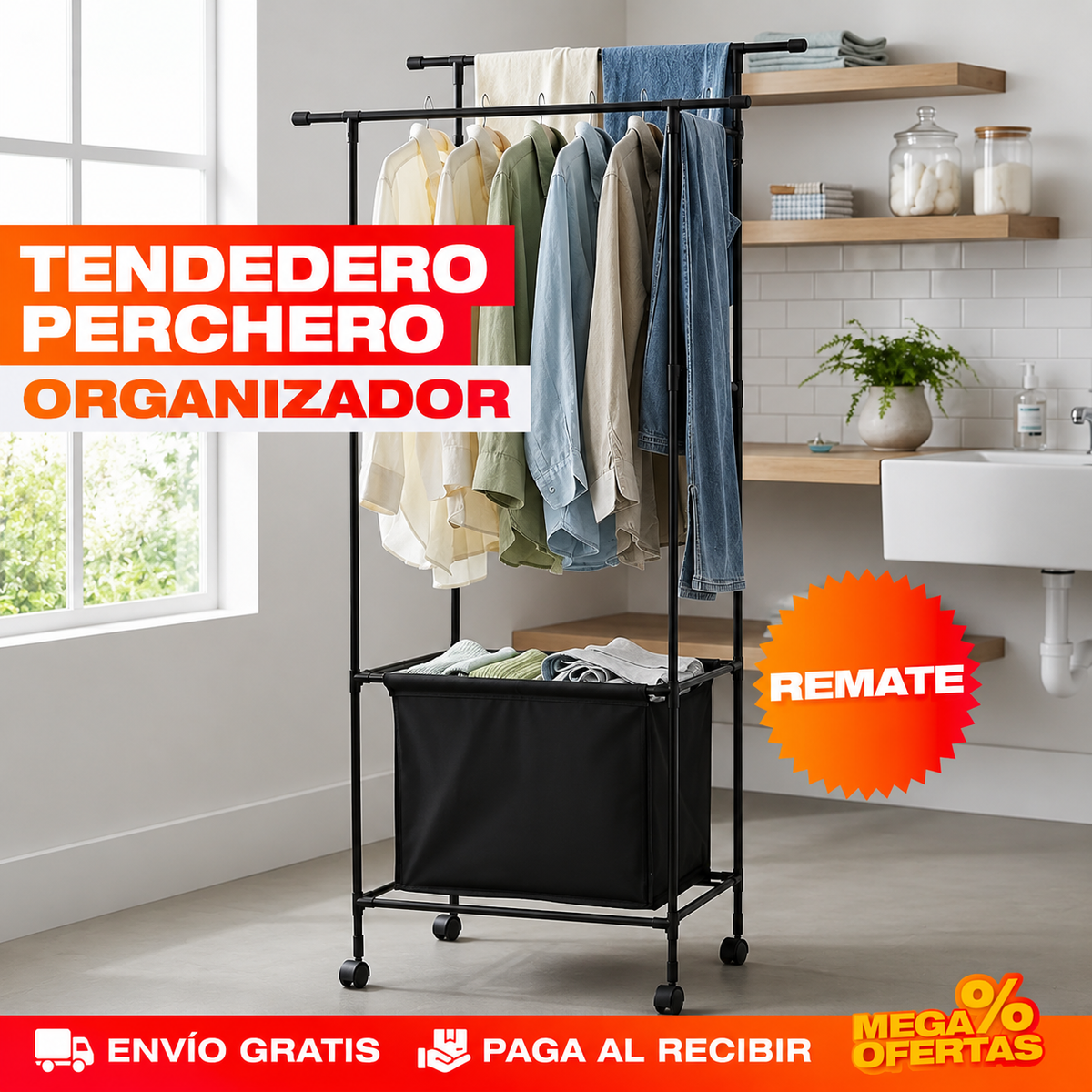 TENDEDERO ORGANIZADOR DE ROPA DOBLE CON CESTA