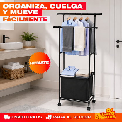 TENDEDERO ORGANIZADOR DE ROPA DOBLE CON CESTA