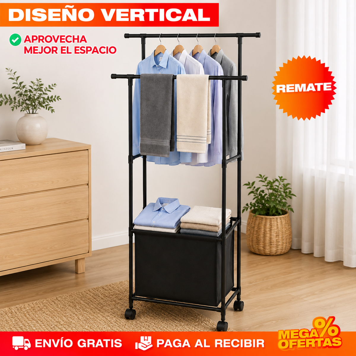 TENDEDERO ORGANIZADOR DE ROPA DOBLE CON CESTA