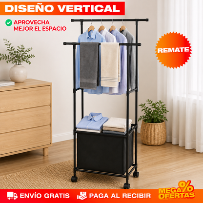 TENDEDERO ORGANIZADOR DE ROPA DOBLE CON CESTA