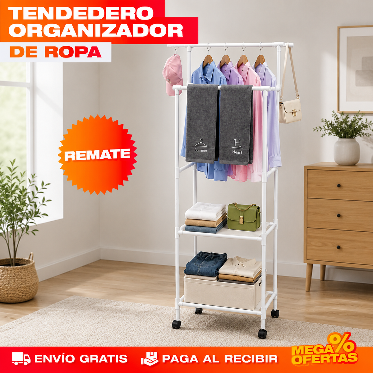 TENDEDERO ORGANIZADOR DE ROPA – Cabe el doble de ropa en el mismo rincón