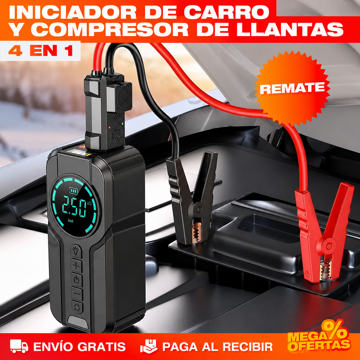 INICIADOR DE CARRO Y COMPRESOR DE LLANTAS – Arranca el carro e infla la llanta sin esperar grúa