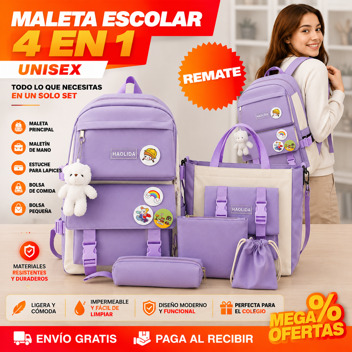 Maleta Escolar Lila Tendencia – Set 4 en 1