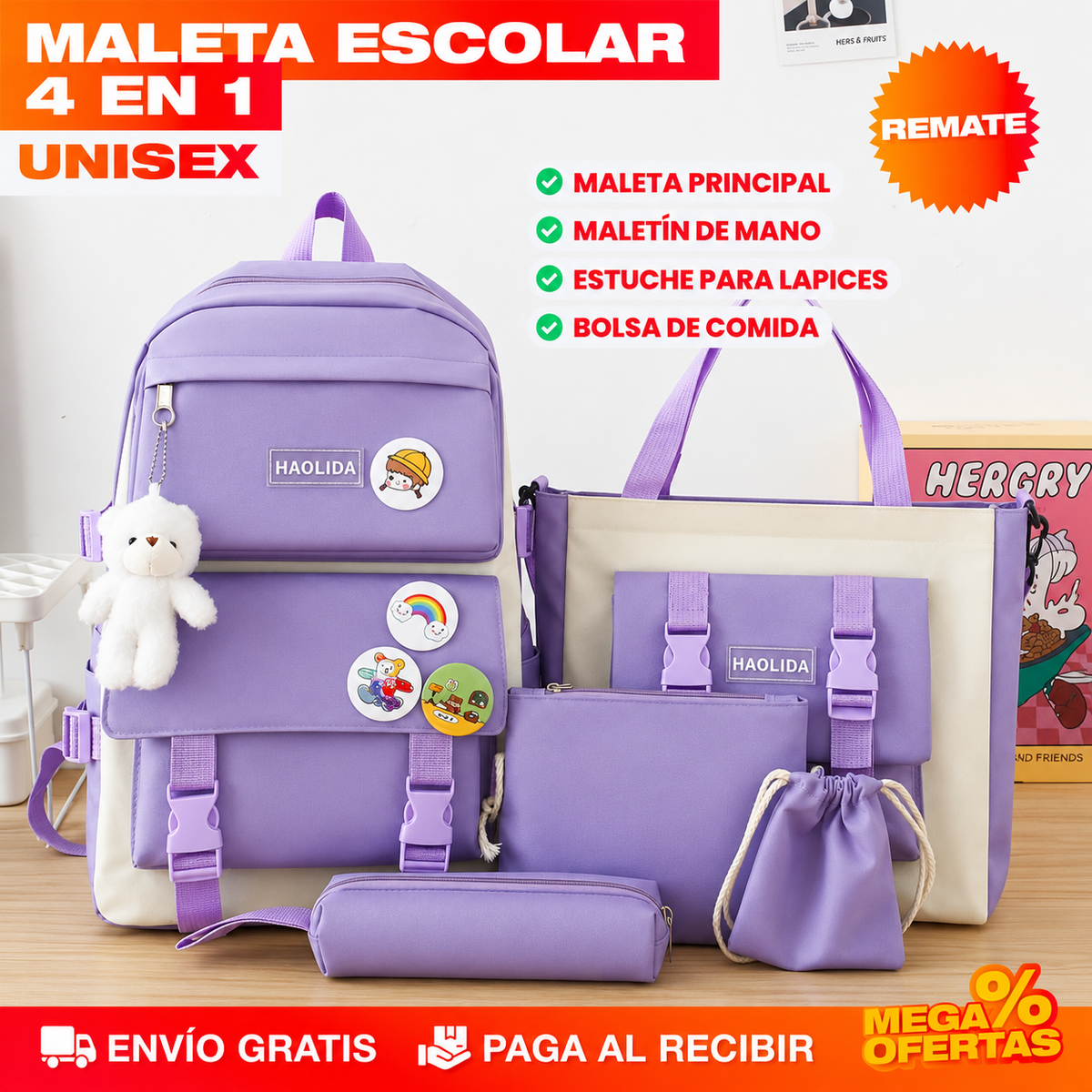 Maleta Escolar Lila Tendencia – Set 4 en 1