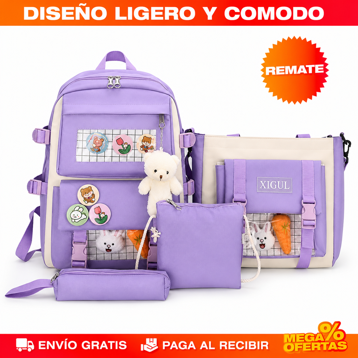 Maleta Escolar Lila Tendencia – Set 4 en 1