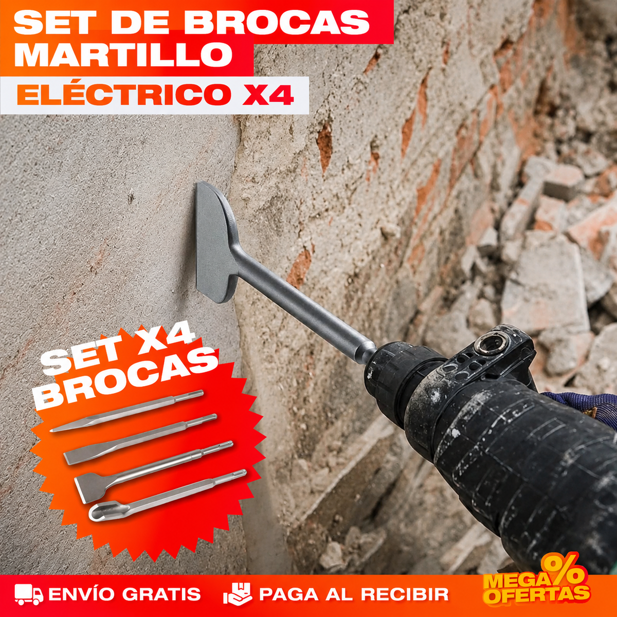 SET X4 BROCAS DE DEMOLICIÓN Y RENOVACIÓN – Rompe concreto y levanta enchape con tu rotomartillo