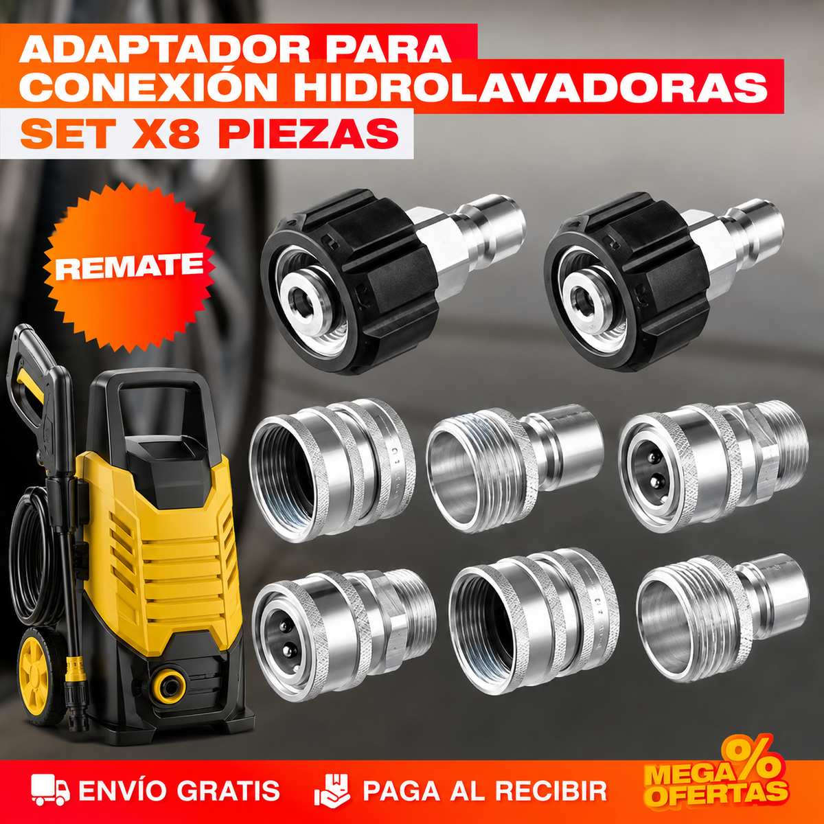 Set x8 piezas Adaptador Conector Para Hidro Lavadora A Presión Acero Inoxidable – Conecta tu hidrolavadora a cualquier manguera