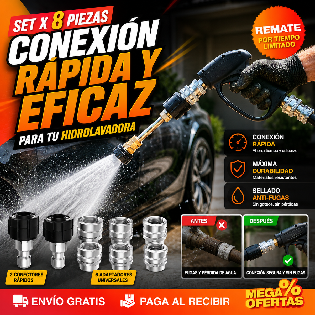 Set x8 piezas Adaptador Conector Para Hidro Lavadora A Presión Acero Inoxidable – Conecta tu hidrolavadora a cualquier manguera