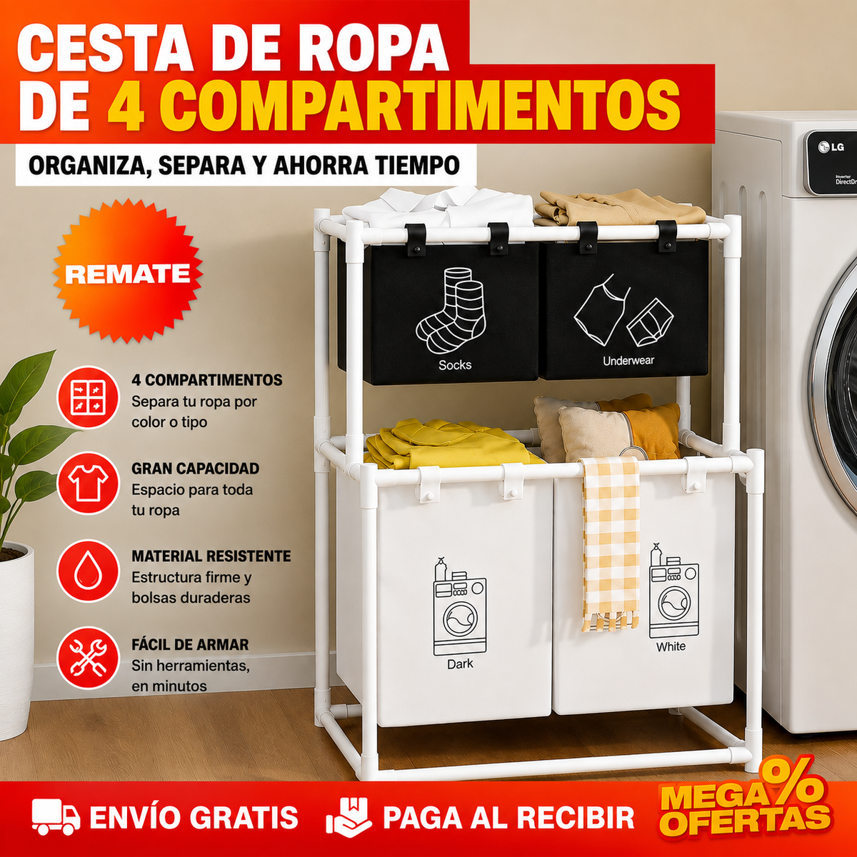 Cesta de Lavandería Plegables de 4 Compartimentos