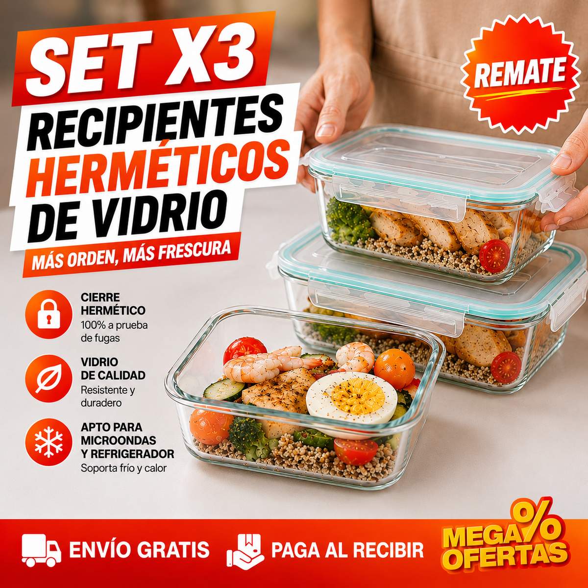 SET X3 RECIPIENTES DE VIDRIO HERMÉTICOS – Ni se manchan ni se quedan oliendo