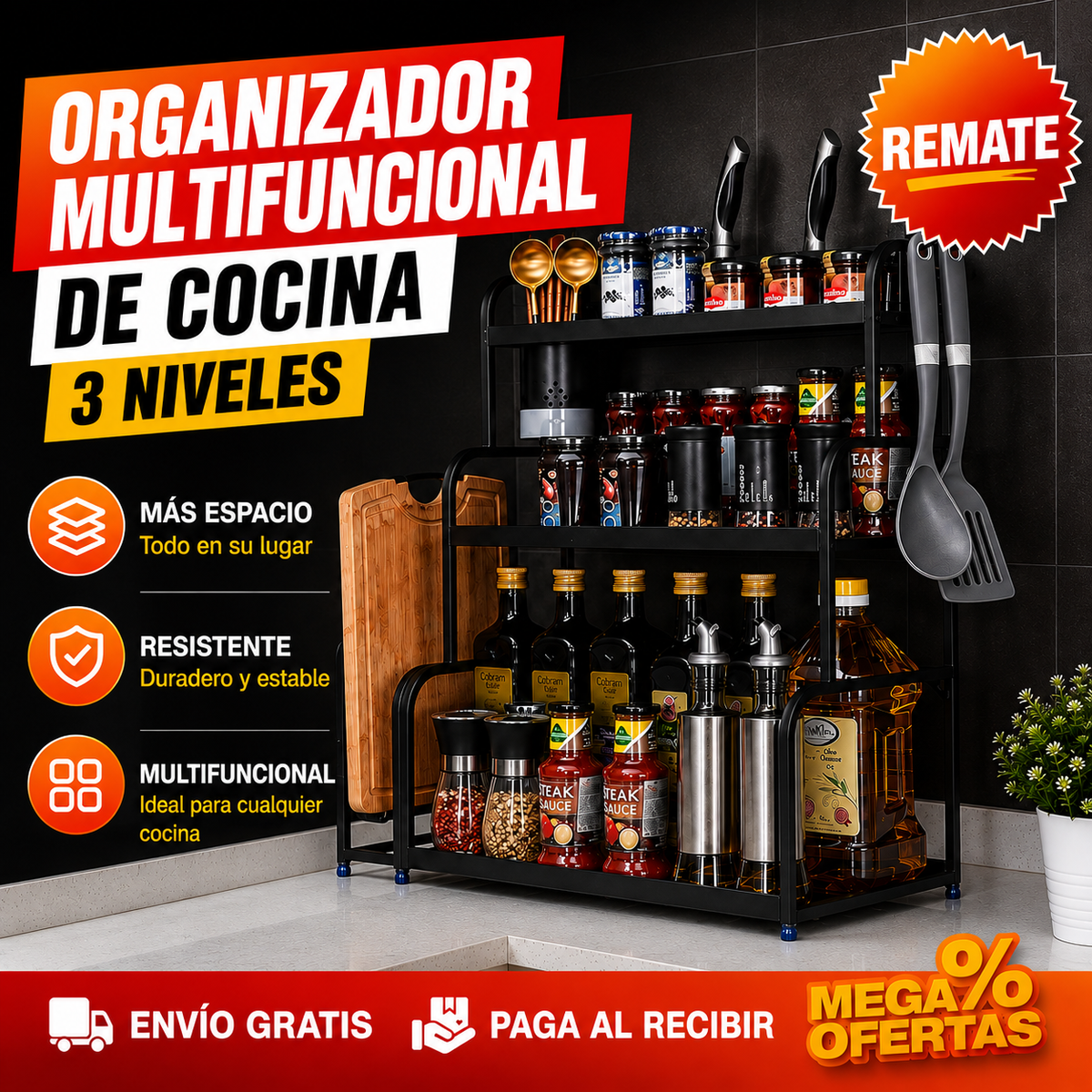 ORGANIZADOR MULTIFUNCIONAL DE COCINA 3 NIVELES – Recupera el mesón para cocinar