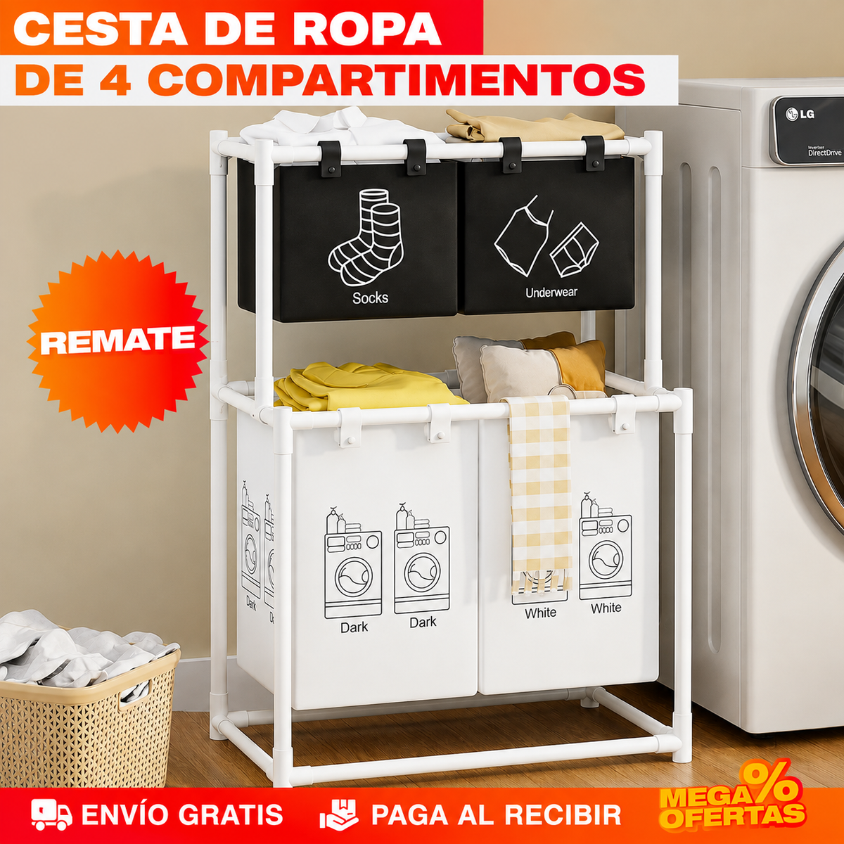 Cesta de Lavandería Plegables de 4 Compartimentos