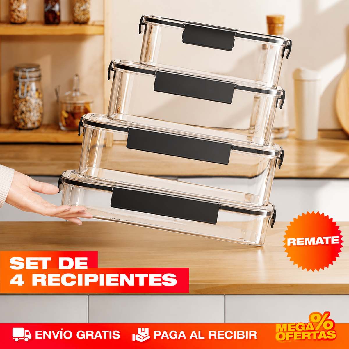 SET X4 CONTENEDORES ACRÍLICOS HERMÉTICOS