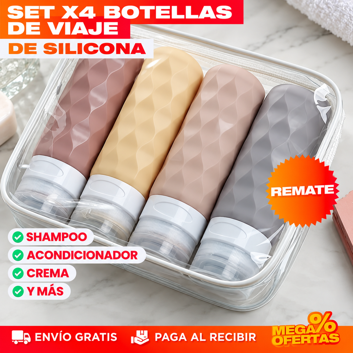 SET X4 BOTELLAS DE VIAJE DE SILICONA – Tu champú de siempre, en tamaño de equipaje de mano