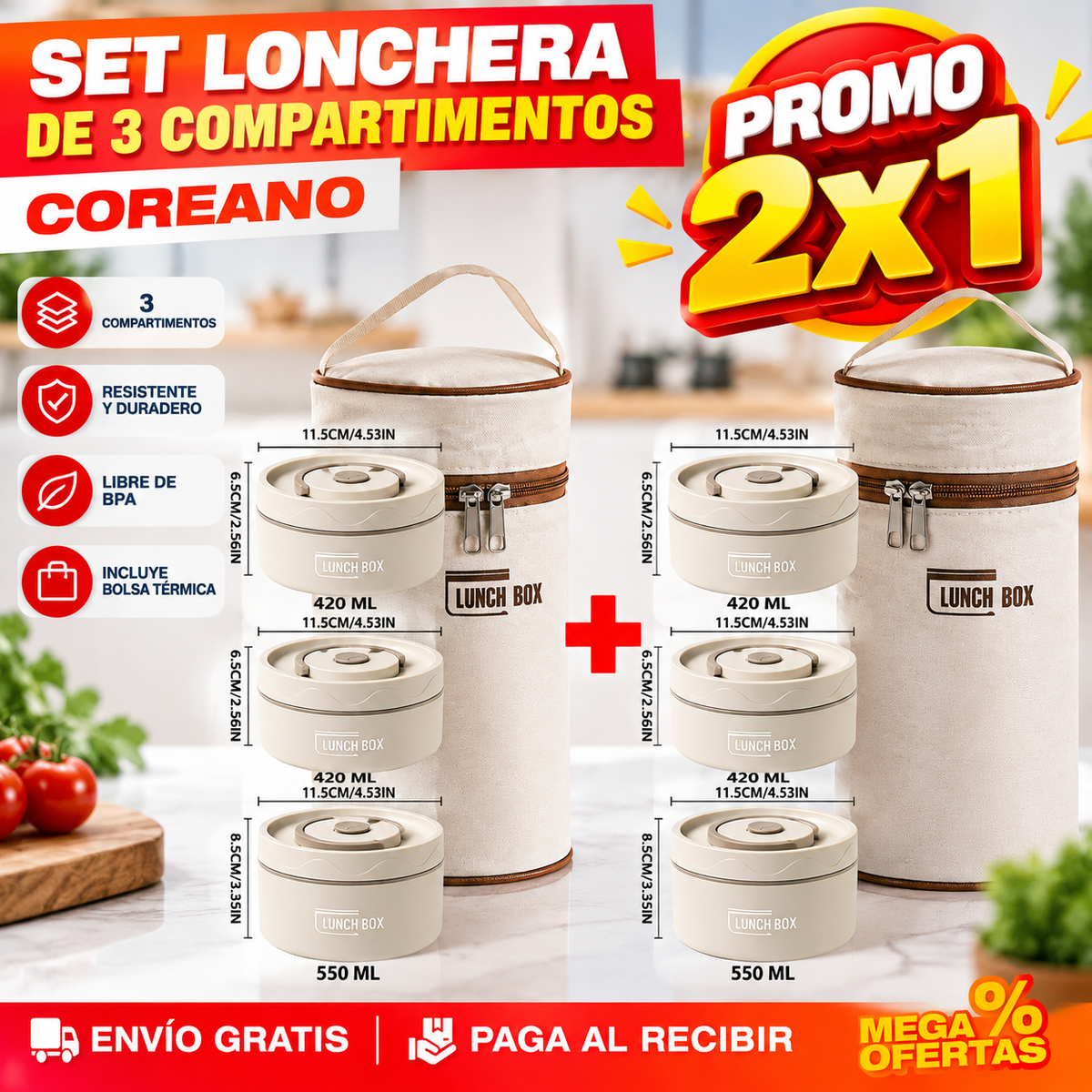 PROMO 2X1 SET LONCHERA TERMICA DE TRES COMPARTIMENTOS – El almuerzo llega separado, no hecho un revoltijo
