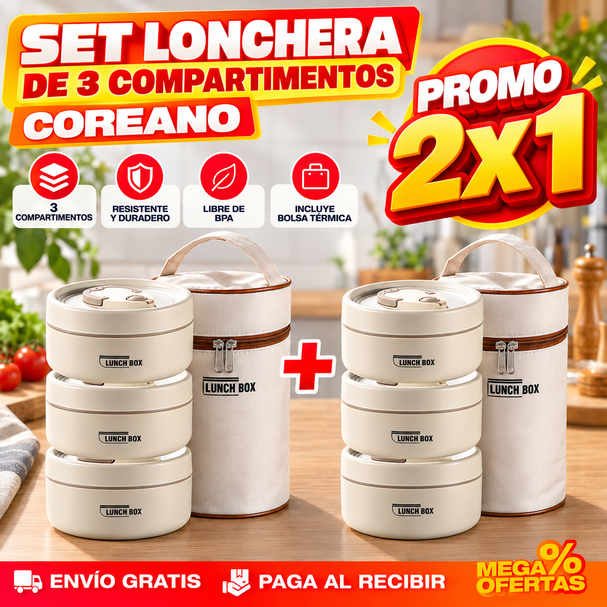 PROMO 2X1 SET LONCHERA TERMICA DE TRES COMPARTIMENTOS – El almuerzo llega separado, no hecho un revoltijo