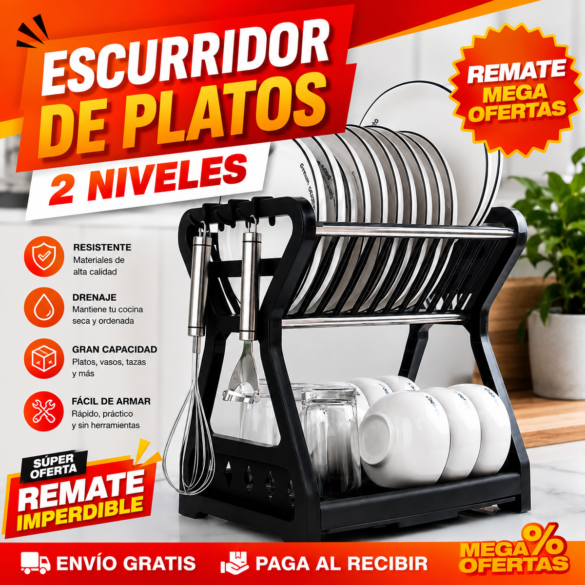 ESCURRIDOR DE PLATOS DE 2 NIVELES – Cabe toda la loza del almuerzo